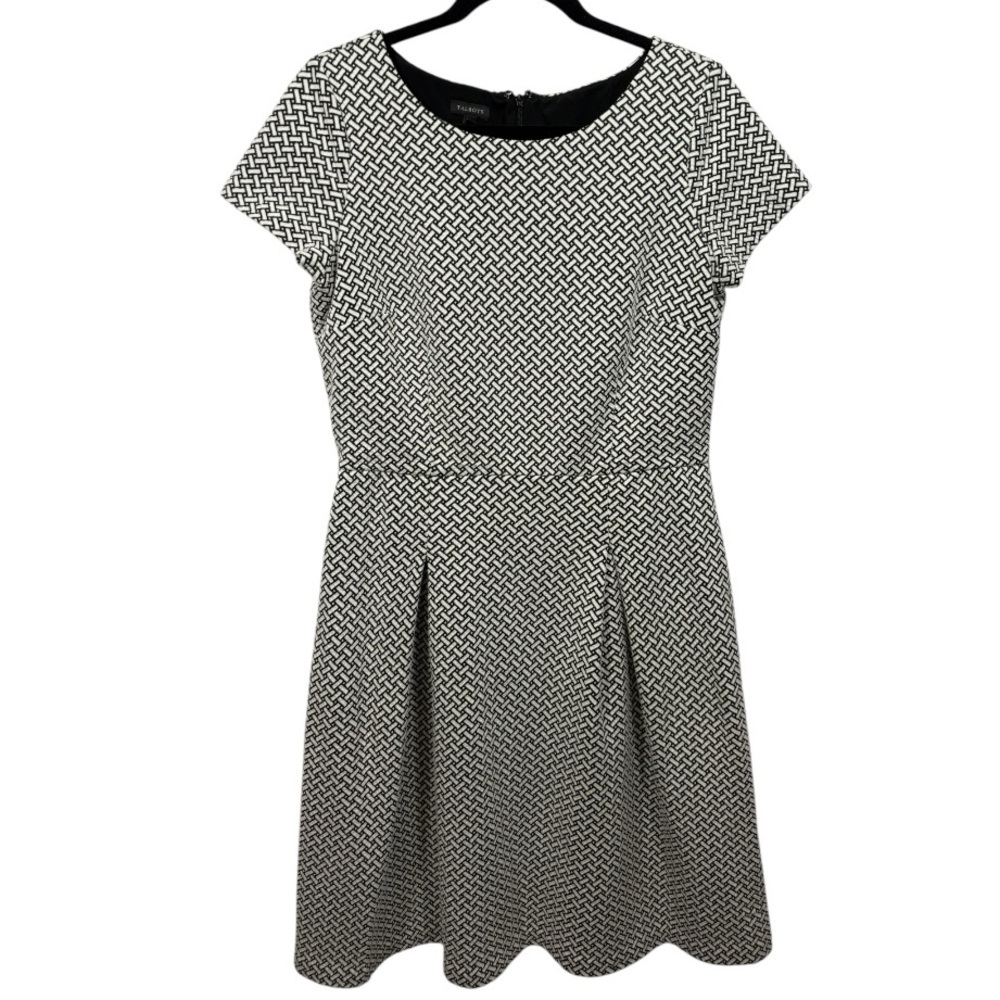 Talbots Geometric Print Fit & Flare Midi Dress Black White 10